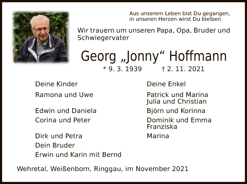  Traueranzeige für Georg Hoffmann vom 06.11.2021 aus WRS