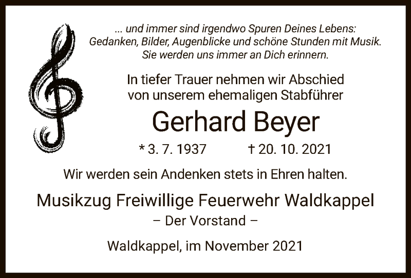  Traueranzeige für Gerhard Beyer vom 13.11.2021 aus WRS