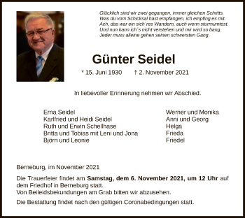 Traueranzeige von Günter Seidel von HNA