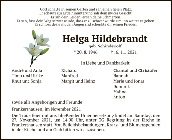 Traueranzeige von Helga Hildebrandt von WRS