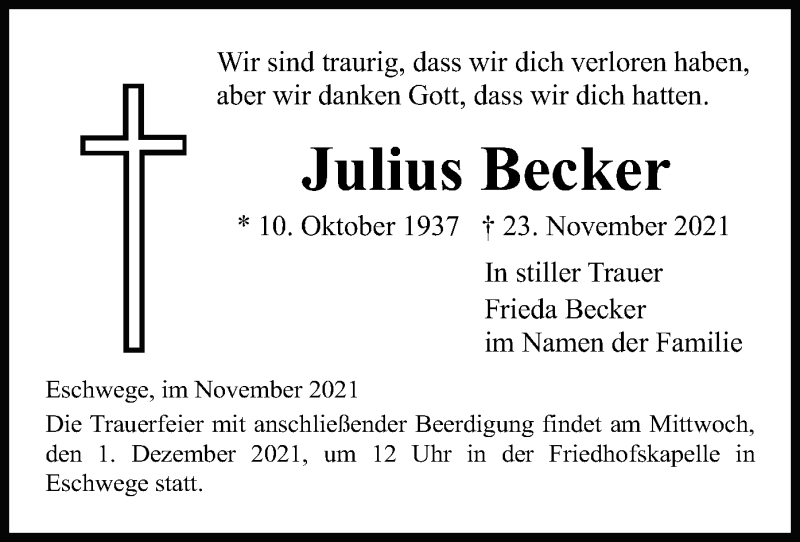  Traueranzeige für Julius Becker vom 30.11.2021 aus WRS