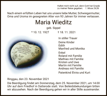 Traueranzeige von Maria Wieditz von WRS