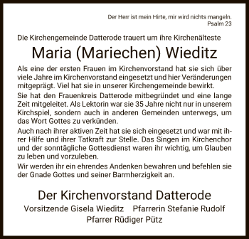 Traueranzeige von Maria Wieditz von WRS