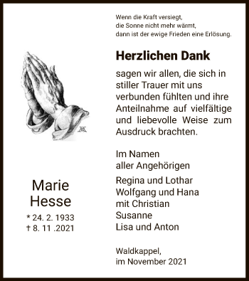 Traueranzeige von Marie Hesse von WRS