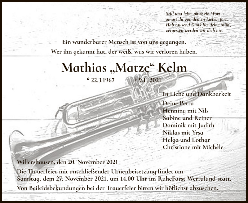 Traueranzeige für Mathias Kelm vom 20.11.2021 aus WRS