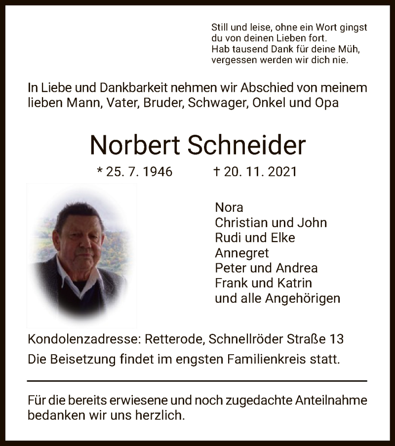  Traueranzeige für Norbert Schneider vom 25.11.2021 aus WRS