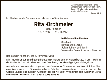 Traueranzeige von Rita Kirchmeier von HNA