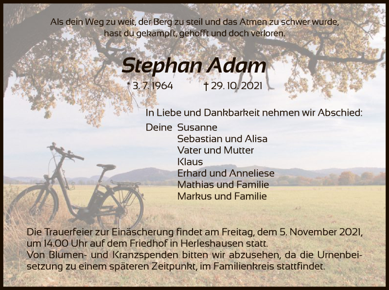  Traueranzeige für Stephan Adam vom 03.11.2021 aus WRS