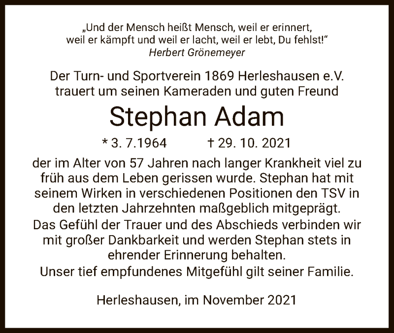  Traueranzeige für Stephan Adam vom 03.11.2021 aus WRS