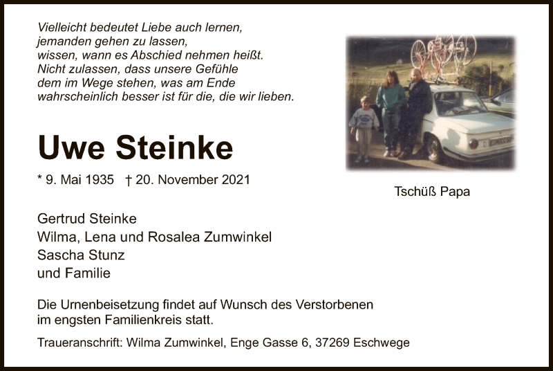  Traueranzeige für Uwe Steinke vom 27.11.2021 aus WRS