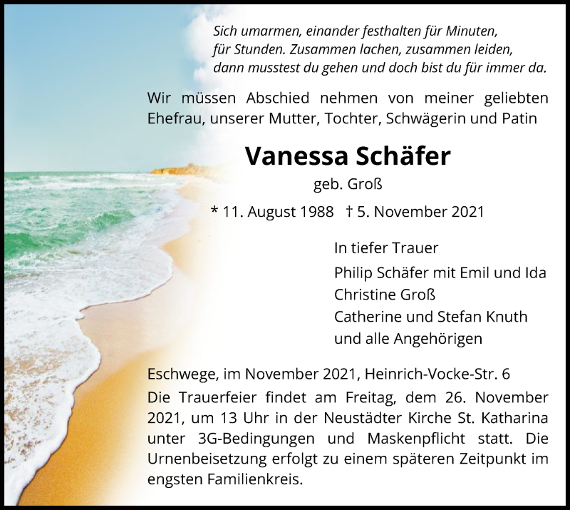  Traueranzeige für Vanessa Schäfer vom 20.11.2021 aus WRS