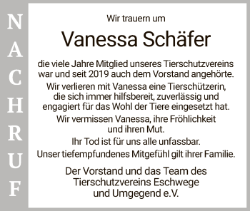 Traueranzeige von Vanessa Schäfer von WRS