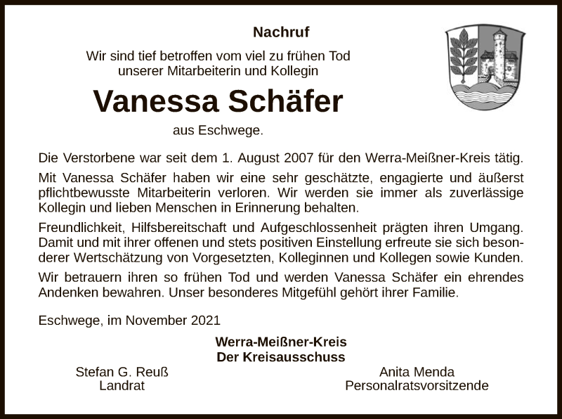  Traueranzeige für Vanessa Schäfer vom 20.11.2021 aus WRS