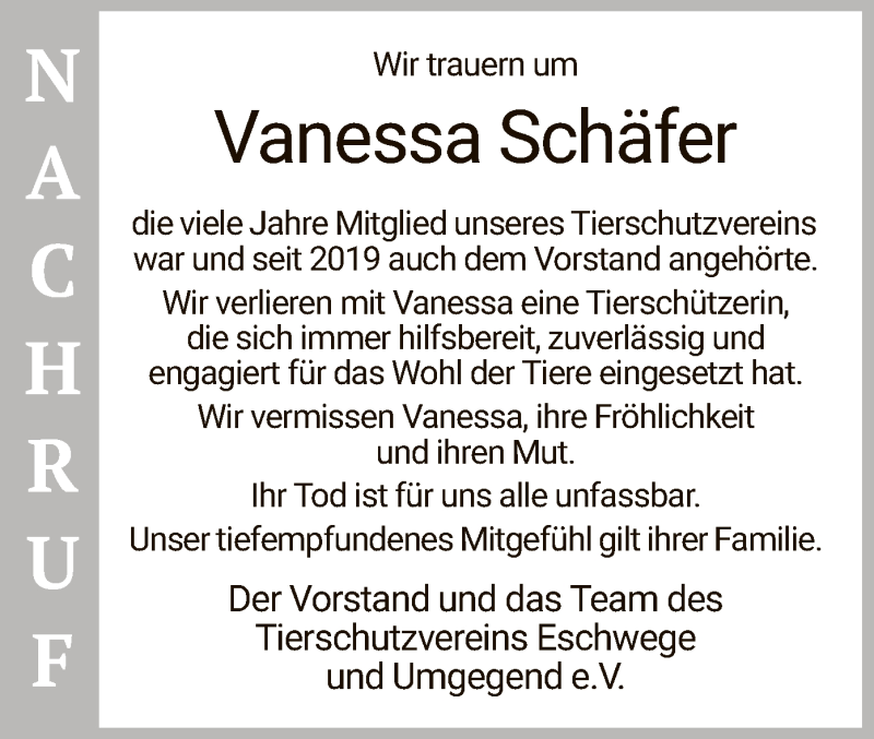  Traueranzeige für Vanessa Schäfer vom 23.11.2021 aus WRS