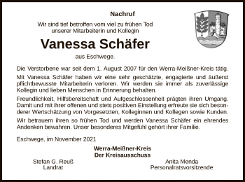 Traueranzeige von Vanessa Schäfer von WRS