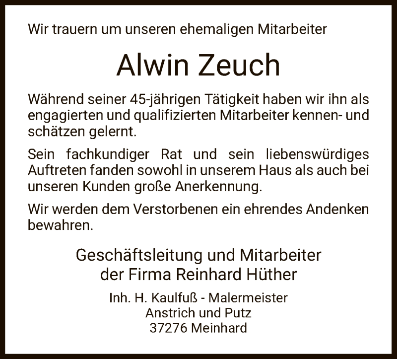  Traueranzeige für Alwin Zeuch vom 04.12.2021 aus WRS