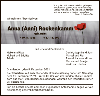 Traueranzeige von Anna Rockenkamm von WRS