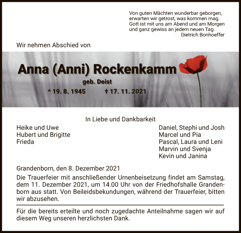  Traueranzeige für Anna Rockenkamm vom 08.12.2021 aus WRS