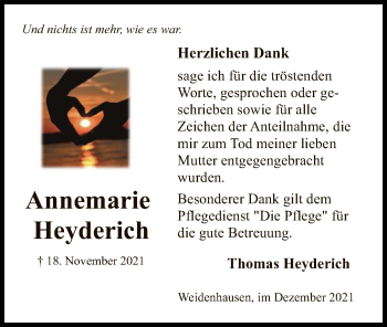 Traueranzeige von Annemarie Heyderich von WRS