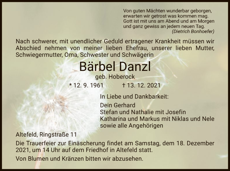  Traueranzeige für Bärbel Danzl vom 17.12.2021 aus WRS