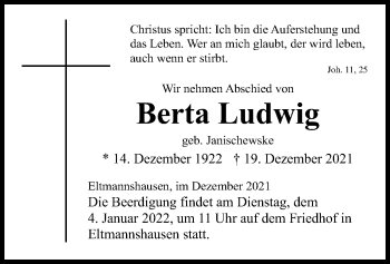 Traueranzeige von Berta Ludwig von WRS