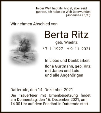 Traueranzeige von Berta Ritz von WRS