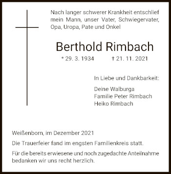 Traueranzeige von Berthold Rimbach von WRS