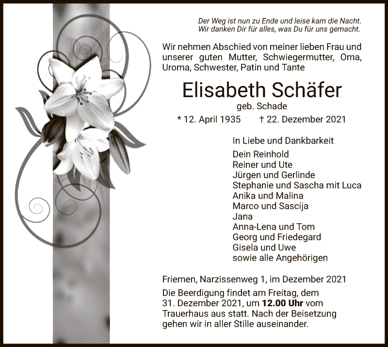  Traueranzeige für Elisabeth Schäfer vom 28.12.2021 aus HNA