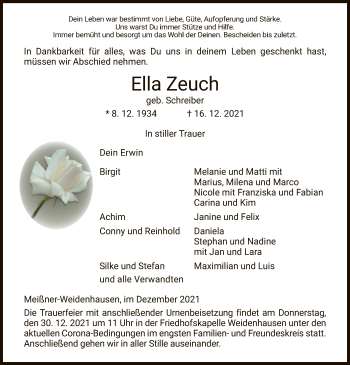 Traueranzeige von Ella Zeuch von WRS