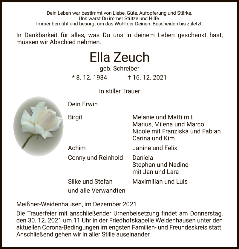  Traueranzeige für Ella Zeuch vom 28.12.2021 aus WRS