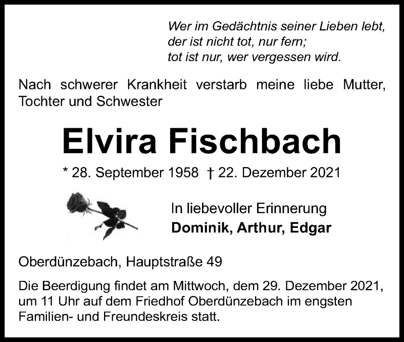  Traueranzeige für Elvira Fischbach vom 28.12.2021 aus WRS