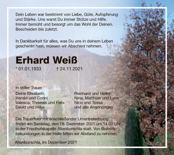 Traueranzeige von Erhard Weiß von WRS