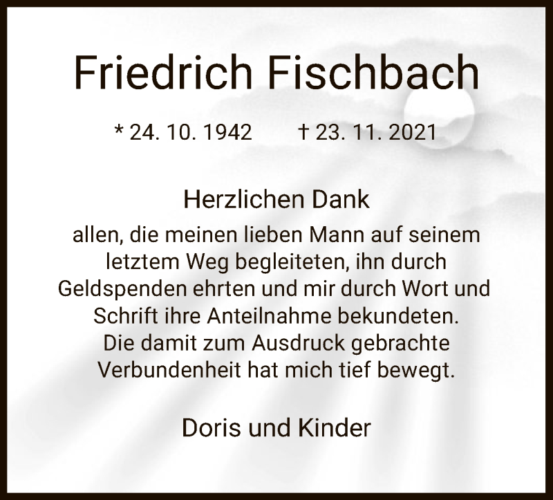  Traueranzeige für Friedrich Fischbach vom 30.12.2021 aus WRS
