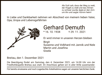 Traueranzeige von Gerhard Demuth von WRS