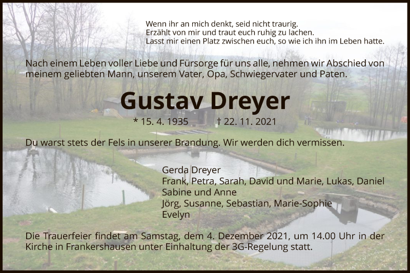  Traueranzeige für Gustav Dreyer vom 01.12.2021 aus WRS