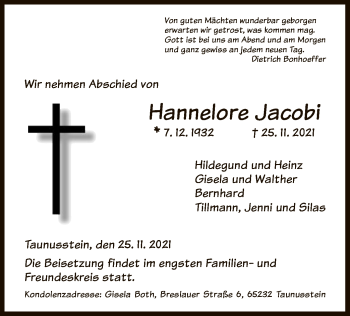 Traueranzeige von Hannelore Jacobi von WRS