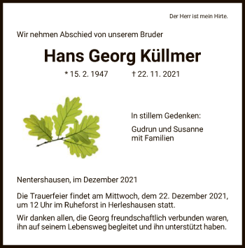 Traueranzeige von Hans Georg Küllmer von WRS