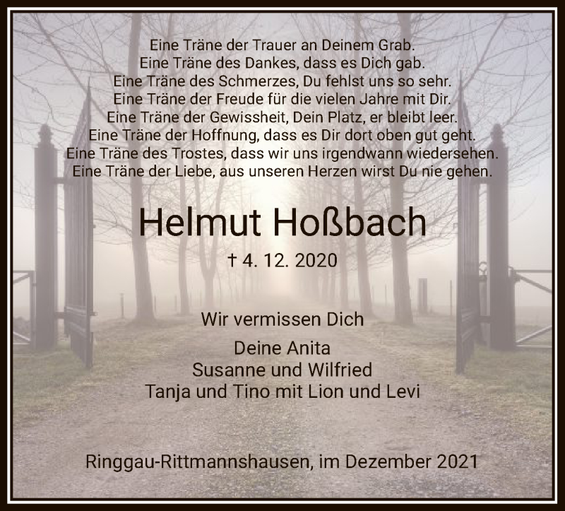  Traueranzeige für Helmut Hoßbach vom 04.12.2021 aus WRS