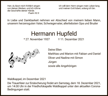 Traueranzeige von Hermann Hupfeld von WRS