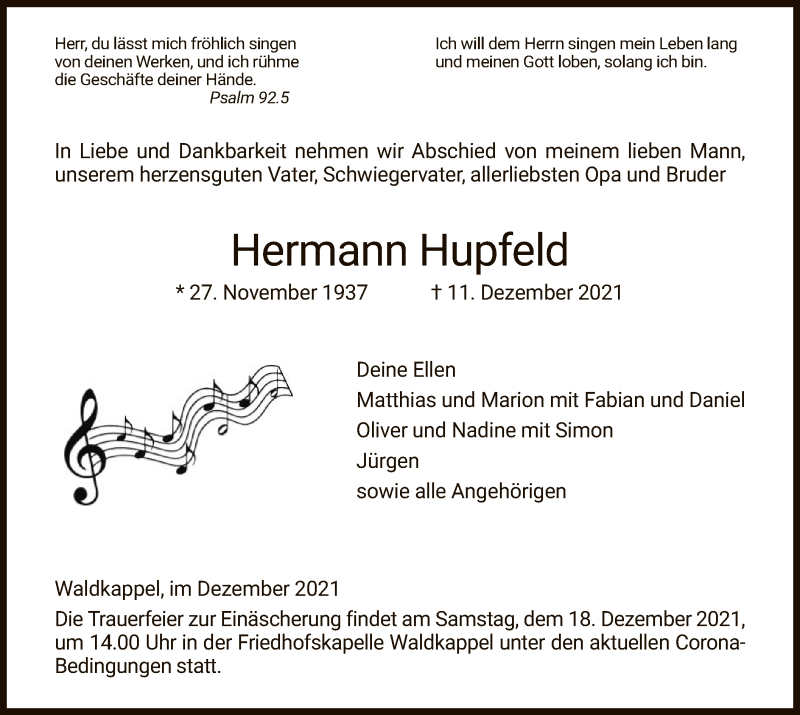  Traueranzeige für Hermann Hupfeld vom 16.12.2021 aus WRS