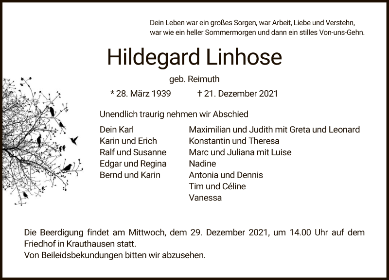  Traueranzeige für Hildegard Linhose vom 27.12.2021 aus WRS