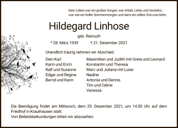 Traueranzeige von Hildegard Linhose von WRS