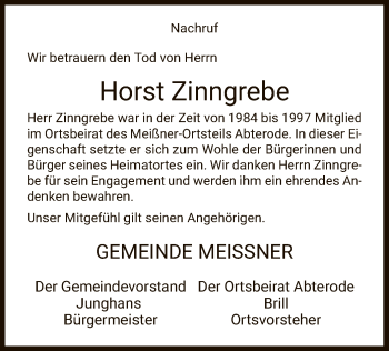 Traueranzeige von Horst Zinngrebe von WRS