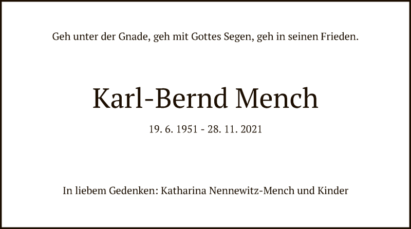  Traueranzeige für Karl-Bernd Mench vom 04.12.2021 aus WRS