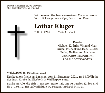 Traueranzeige von Lothar Kluger von WRS