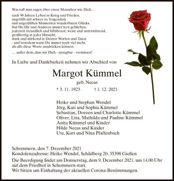 Traueranzeige von Margot Kümmel von WRS