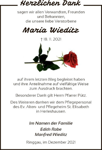 Traueranzeige von Maria Wieditz von WRS