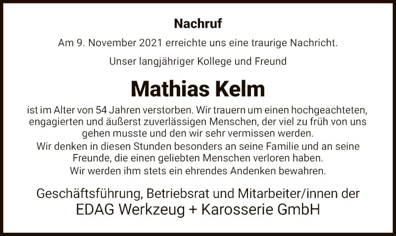  Traueranzeige für Mathias Kelm vom 11.12.2021 aus WRS