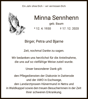 Traueranzeige von Minna Sennhenn von WRS