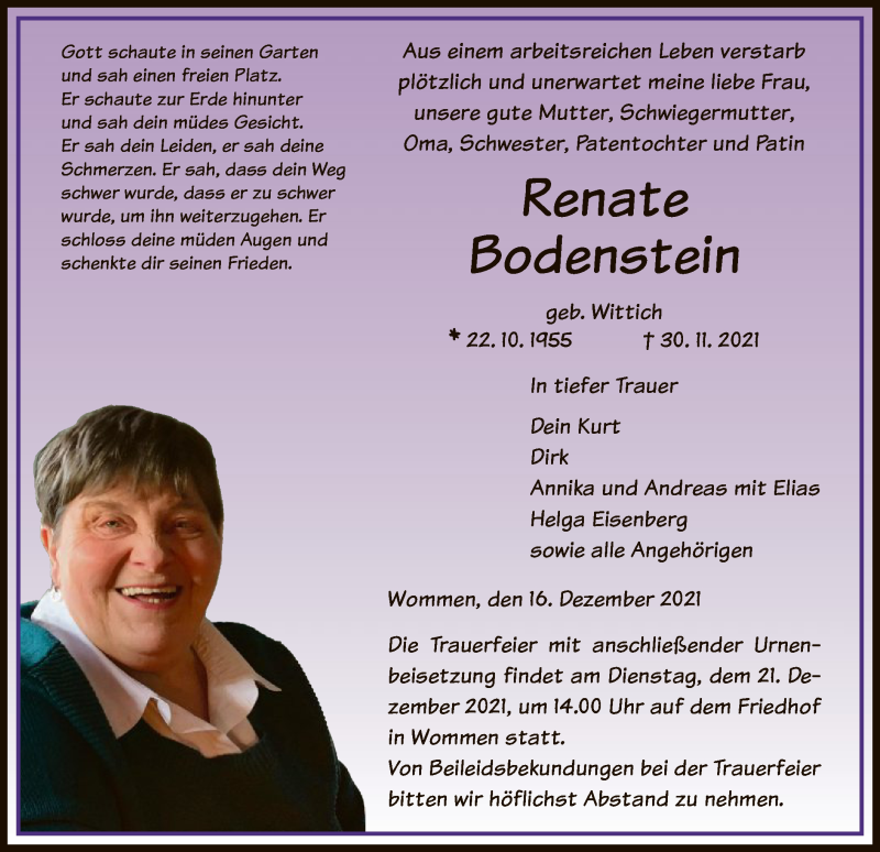  Traueranzeige für Renate Bodenstein vom 16.12.2021 aus WRS